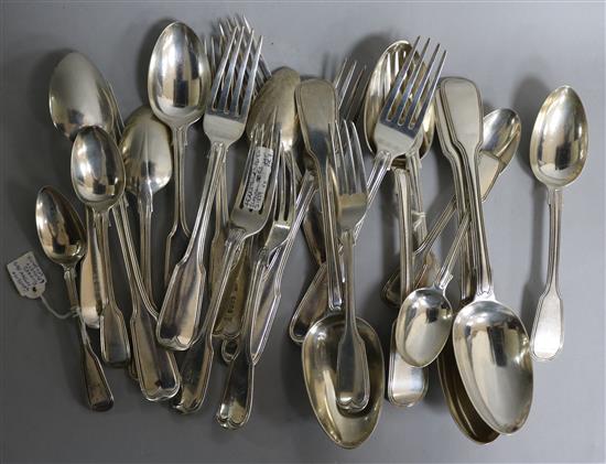 A quantity of assorted 19th century silver fiddle and thread pattern flatware, various dates & makers,, 40.8 oz.